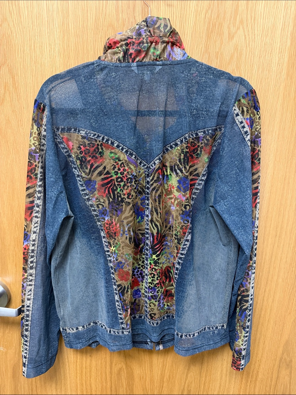 John Mark MESH Sheer Blue Denim PRINTED Jacket with Multicolor Floral Trim - Picture 5 of 14